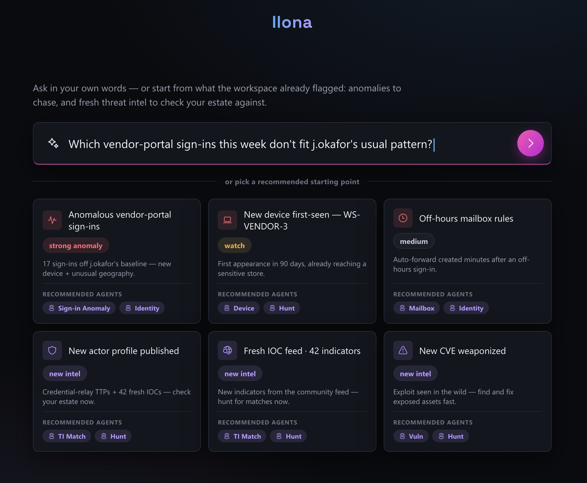 The Ilona prototype — an agentic, intent-first threat-hunting workspace.
