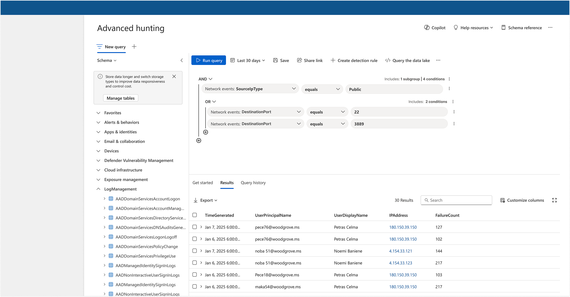 Microsoft Defender Advanced Hunting: a KQL query workspace with a schema tree of security tables on the left and a results grid of sign-in events.