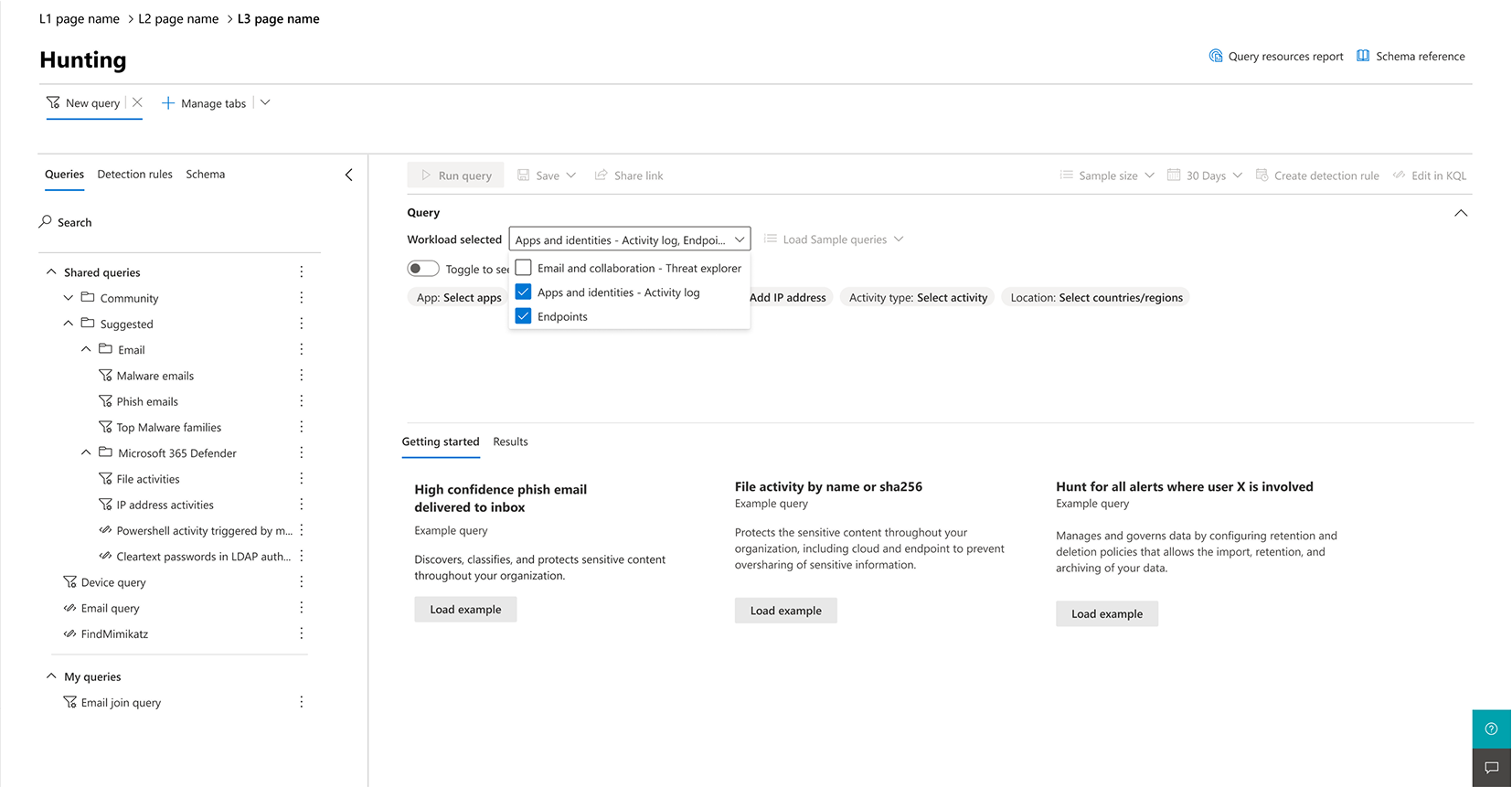 Initial design: workload-scoped integrated filters surfaced above the query, letting analysts pick a scope across apps, identities, and endpoints before writing KQL.