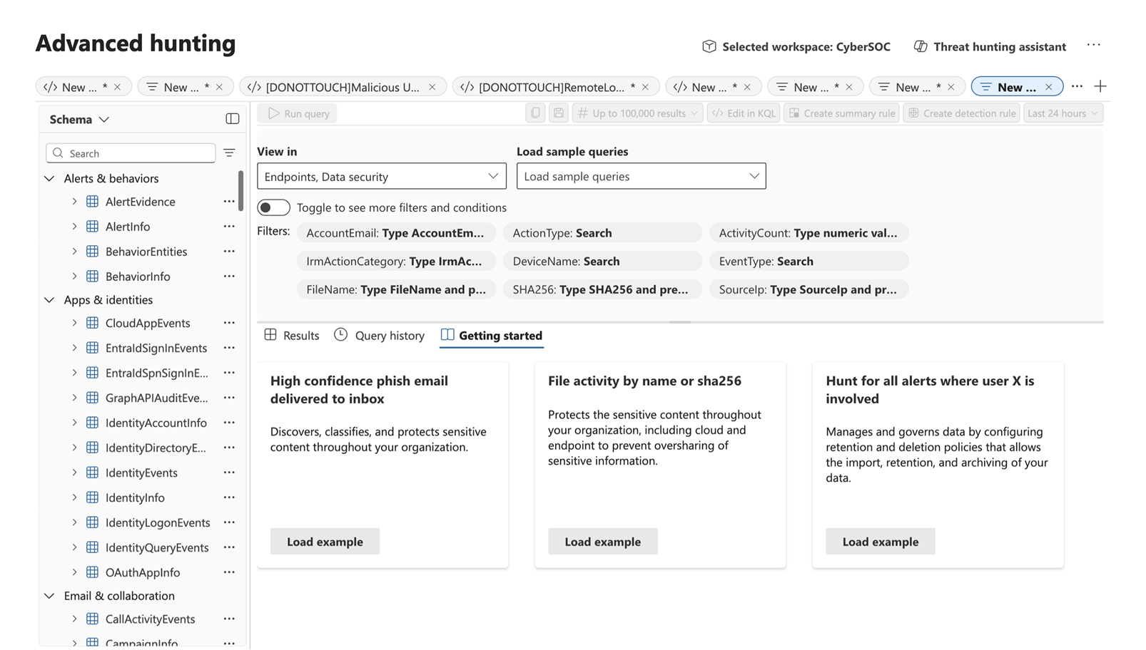 Implementation: schema-aware filter pills wired into Advanced Hunting, with a toggle to reveal more filters and conditions.