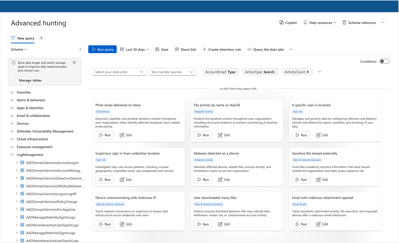 Future plan: an intent-led query hub with Copilot and data-lake support, folding filters and conditions into a guided starting experience.