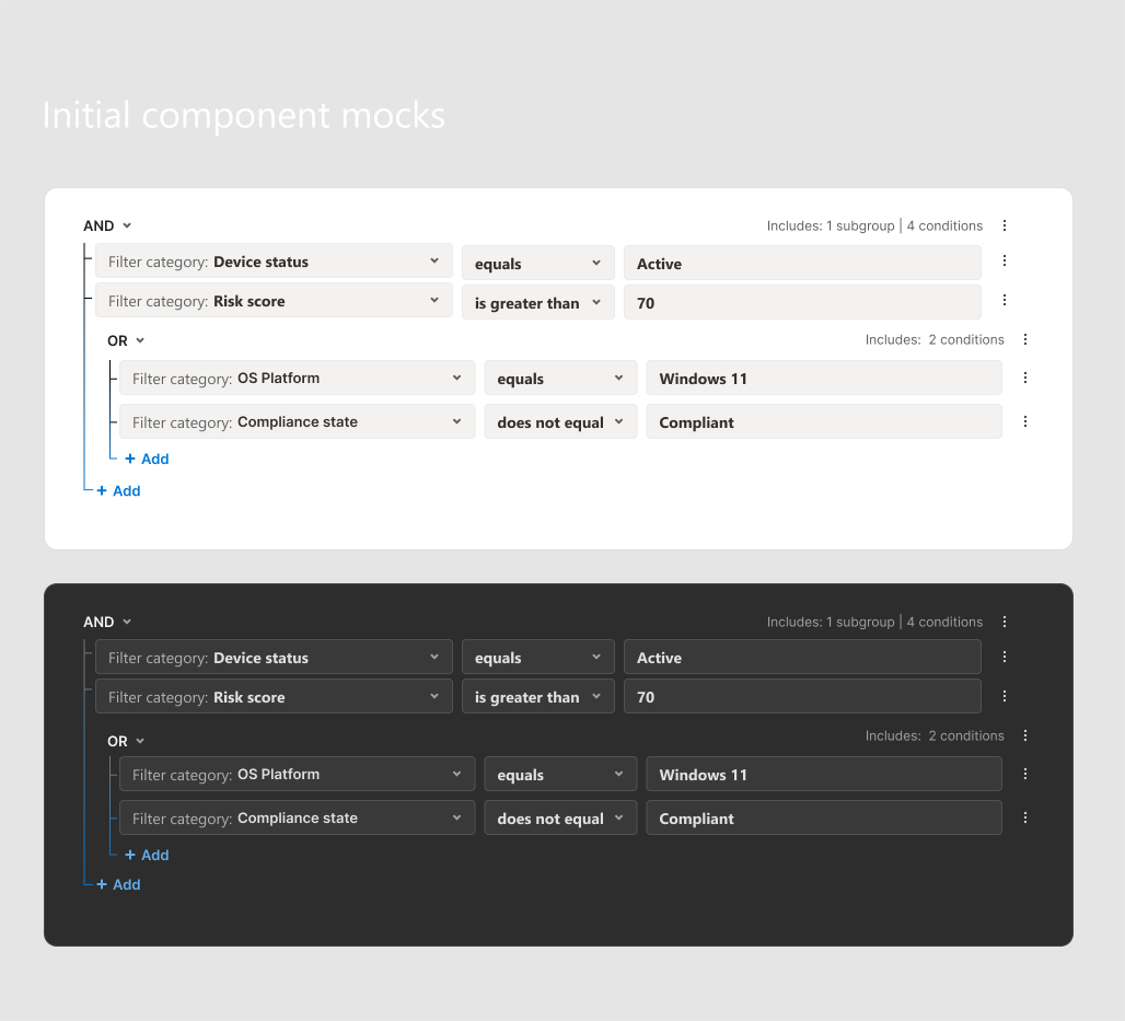 Early query-builder mocks in light and dark themes, composing a real hunt with AND and OR grouping across device status, risk score, OS platform, and compliance state.