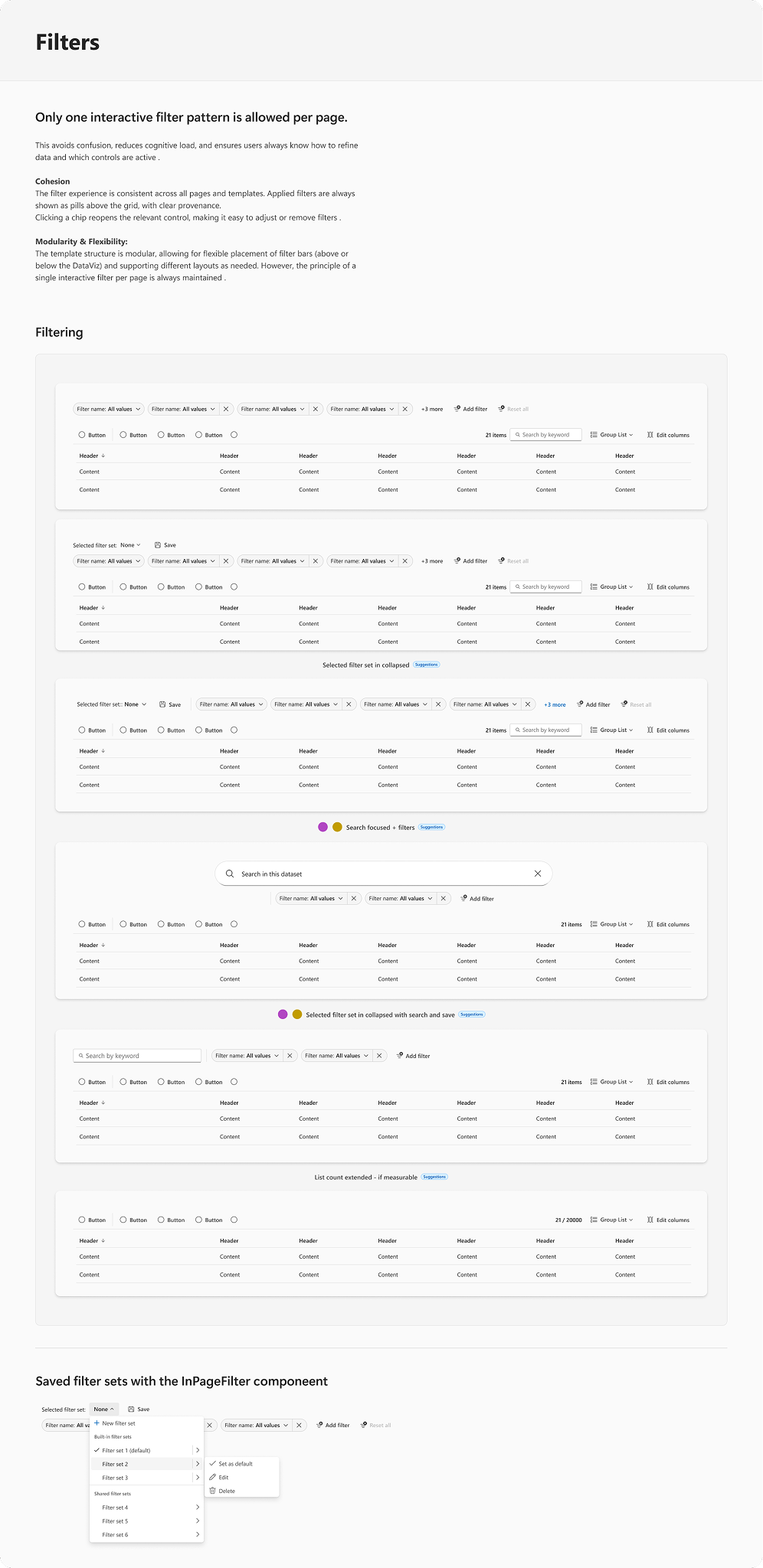 Filtering patterns: one interactive filter pattern per page, filters shown as pills.
